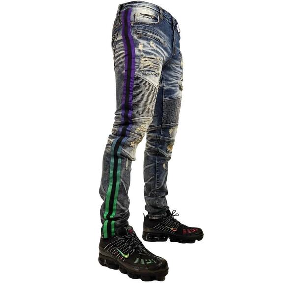 Preme Jeans Mens Size 34 Distressed Denim Blue Utility Skinny Stretch Moto Biker - Picture 1 of 15